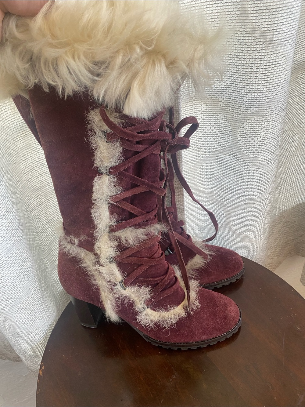 Coach Burgundy Suede Lace-Up Fur Trim Boots